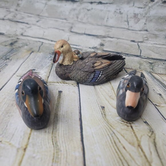 3 Miniature Hand Painted Ceramic Ducks Momma w Baby and Two Others Appx 4-5 Inch